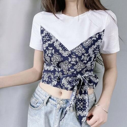 Women’s Short Sleeve Fake-two T-shirt Vintage Printing Stitching Bandage Exposed Navel Tops fairy grunge y2k top corset top