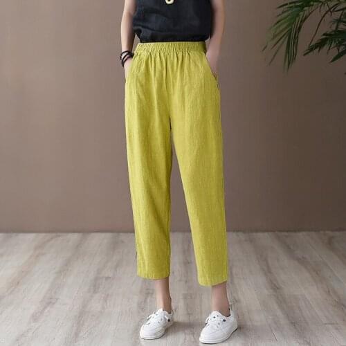 Women Summer Cotton Ramie Patchwork Solid Color Pants 2020 Spliced Trousers Female Pants