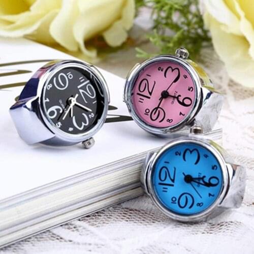 Finger Ring Watch Women/Girl Sleek Steel Round Dial Elastic Quartz Finger Ring With Watch Female Ring Mini Size Gift for Student