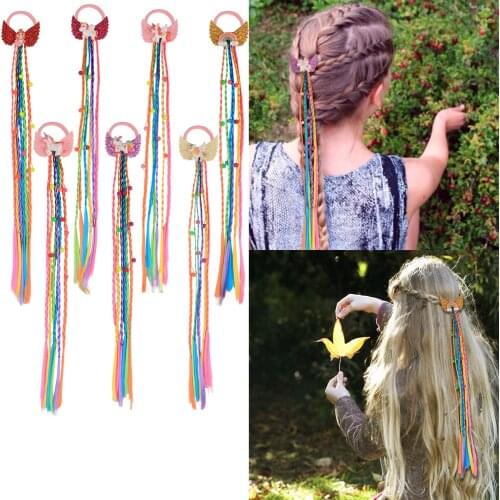 1 PC Girls Sweet Hair Extension Children Wig Braid Tie Unicorn Wing Shiny Bow Plume Design Kid Ponytail Holder Rainbow Color