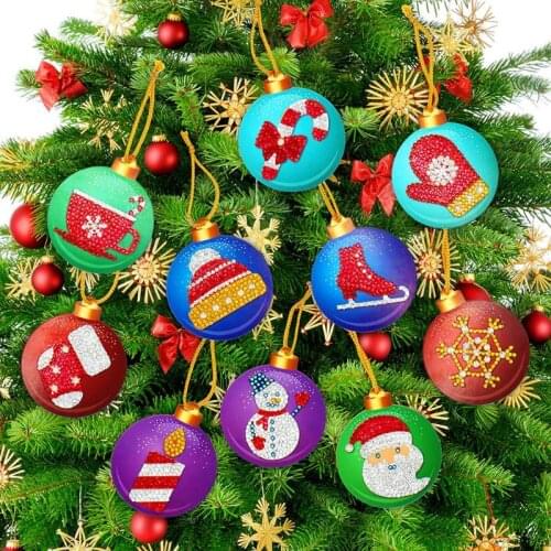 10pcs 5DDiy Diamond Painting Christmas Tree Pendant Hanging Ornament Christmas Tree Decoration Sock Santa Man Balls Round Circle