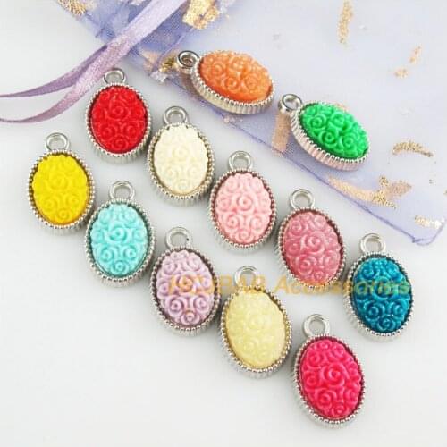 24 New Oval Charms Dull Silver Plated Retro Mixed Acrylic Resin Flower Pendants 13x20.5mm