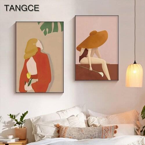 Abstract Fashion Girlish In Hat Wall Art Canvas Painting Nordic Characters Posters Prints Wall Pictures for Living Room Bedroom
