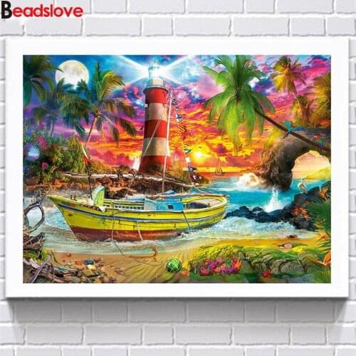 Diamond embroidery Colorful coast lighthouse scenery diy full square round diamond Painting mosaic Cross stitch kit home decor