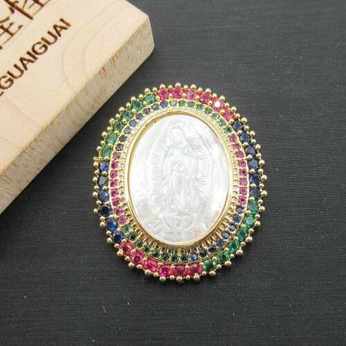 APDGG 27x32mm Virgin Mary White Mop Cameo Shell Gold plated cubic zircon CZ Paved Connector Charms necklace pendant Jewelry DIY