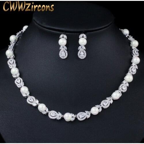 CWWZircons Luxury Big Round Leaf Cubic Zircon Necklace Bridal Pearl Jewelry Sets Women Wedding Party Costume Jewellery T363