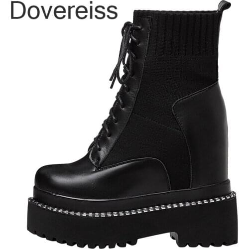 Dovereiss Fashion Womens Shoes Winter Sexy Pure Color Cross Tied Wedges Genuine Leather Increase Height Ankle Boots 40 41