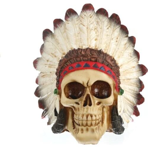 HeyMamba Resin Tribal Leader Mohawk Human Skull Head Model Indian Warrior Skull Statue Sculpture Movie Props