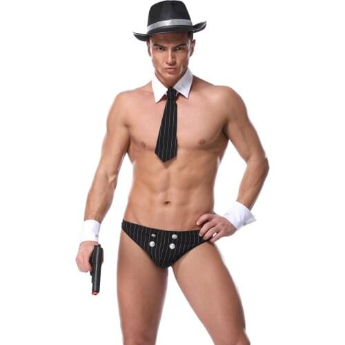 Sexy Mens Striped Denim Suits Included Hat & bow tie & bracelets & panties 4-pieces Sets Uniform Halloween Cosplay Costume