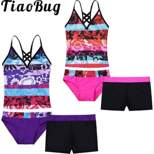 TiaoBug Kids Teens Floral Tankini Girls Spaghetti Straps Swim Tops With Bottoms Shorts Swimsuit Swimwear Bathing Suit Bikini Set