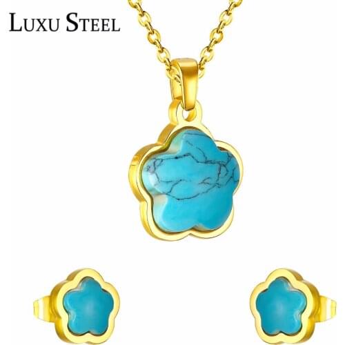 LUXUSTEEL set stainless steel Mujer 2020 Stainless Steel Blue Flower Shape Stone Pendant Necklace Earrings Brinco Party