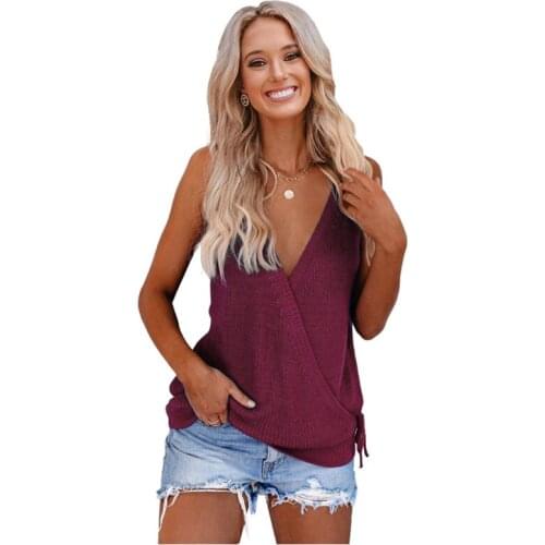 Fashion Solid Color V-neck Woolen Vest In Summer of 2021 Black Red Tops