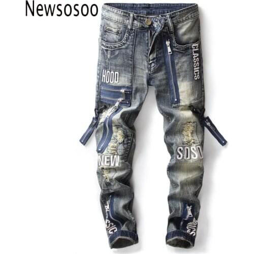 European American Style Mens slim jeans mens denim trousers Straight vintage fashion brand blue hole zipper jeans for men