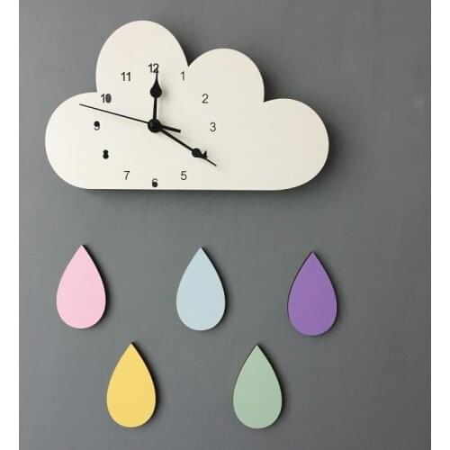 Cartoon Cloud Shape Wall Clocks With Raindrop Wall Sticker Baby Kids Room Wooden Ornaments Hanging Silent Mute Clock Home Decor