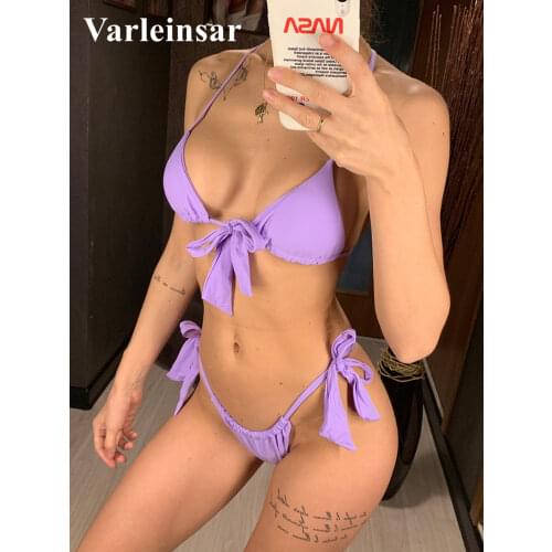 Neon Green Knotted Bikini 2019 Female Swimsuit Women Swimwear Two-pieces Bikini set Bather Halter Bathing Suit Swim Wear V1296