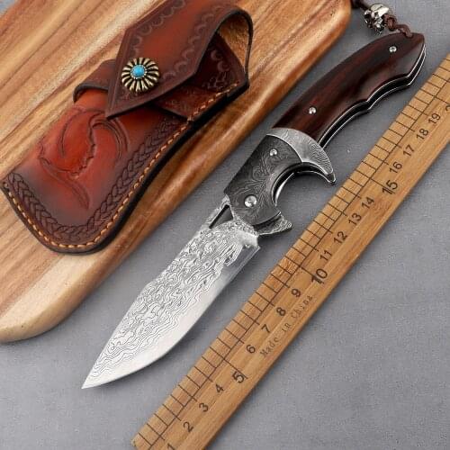 New Damascus steel blade wooden handle sharp folding knife tactical outdoor camping hunting self-defense EDC tool pocket knife