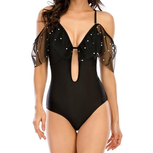 New Style Bikini Pure Color Dark V Net Gauze Flounce One-Piece Swimsuit Female Bikini