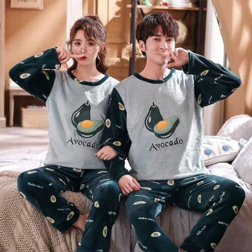 Autumn Winter Women Flannel Pajamas Set Cartoon Avocado Sleepwear Couple Pajama Sets Casual Lounge Wear Pyjamas Lovers Homewear