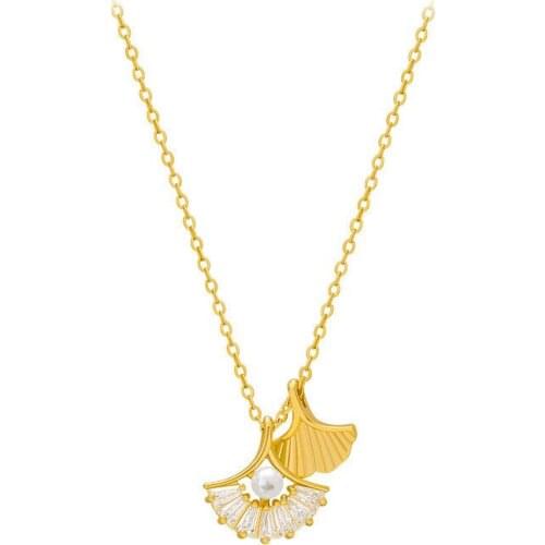 New High Quality Copper Plated Real Gold Temperament Necklace Fan-Shaped Inlaid Zircon Pearl Pendant Clavicle Chain Womens