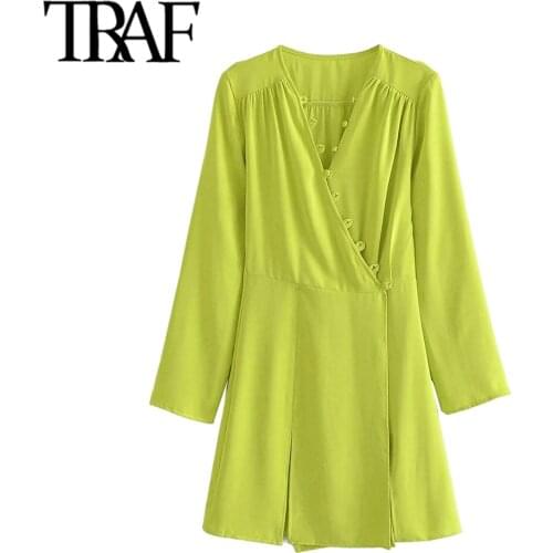 TRAF Women Fashion With Buttons Soft Touch Wrap Mini Dress Vintage Long Sleeve Slit Hem Female Dresses Vestidos Mujer