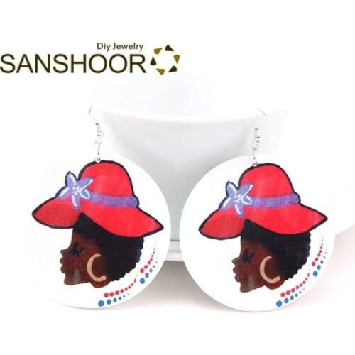 SANSHOOR Printed Fashion Lady Wood Drop Earrings 6cm Large Size Afrocentric Ethnic Halloween Jewelry For Women Blacks 1Pair