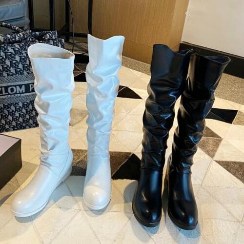 New Women Faux Leather Pleated Fashion Knee High Boots Slip On Long Boots Ladies Pointed Toe Autumn Winter Boots Dance boots