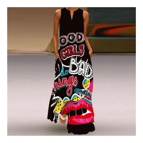 Fashion Style Vintage Printing Women Sundress 2021 Summer V-neck Sleeveless Long Dress Elegant Ladies Maxi Dresses Plus Size 5XL