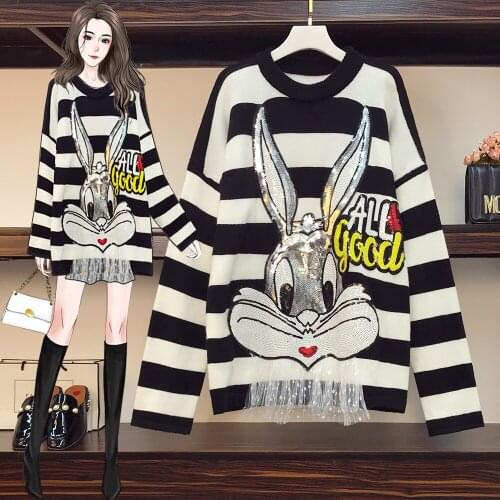 Oversized Loose Knitted Sequined Rabbit Letter Knitting Sweater Chic Fall Winter Black White Striped Ruffles Thicked Sweaters