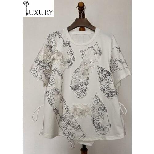 Summer 2020 Fashion Spring Tops & Tees Women Hand Made Beading Flower Embroidery Short Sleeve White Grey Top Ladies Basic Tshirt