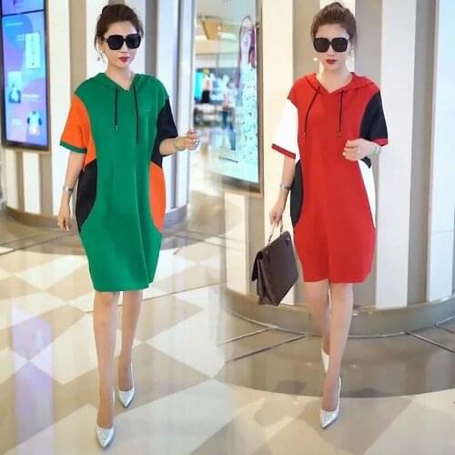 High-end Women Hooded Dress Womens Summer New 2021 Large Loose Reduce Age Versatile Medium Long Stitched Bottomed Skirt Vestido