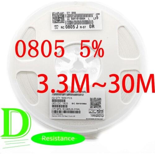 100PCS SMD Resistor 0805 5% RC0805JR-07 Series 3.3M 3.6M 3.9M 4.3M 4.7M 5.1M 5.6M 6.2M 6.8M 7.5M 8.2M 9.1M 10M 15M 20M 22M 30M