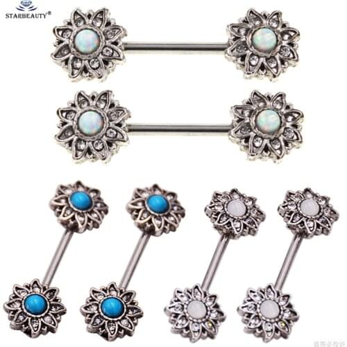 2 pcs/lot Luxury White Opal Nipple Ring 14G Nipple Piercing Nipple Rings Retro Flower Stainless Steel Helix Pircing Body Jewelry