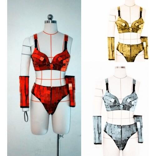 3 Colors Metal Punk Mirror Costume Sexy Bikini GOGO Dance Costume Women Cotume Beautiful Stage Wear Performance Clothes VDB1952