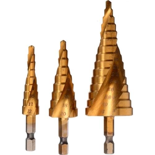 3Pcs/Lot HSS Spiral Grooved Step Cone Drills Bits Set Triangular Handle Wood Metal Drill Bit Cut Tool Hole Cutter 4-12/20/32mm