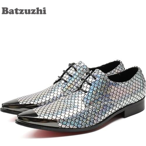Batzuzhi Luxury Men Dress Shoes Pointed Toe Metal Cap Lace-up Sequins Men Business Leather Shoes Party&Wedding Man Shoes Zapatos