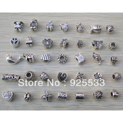 Free shipping 180pcs/lot 36 styles mixed big hole antique metal beads fit European bracelet jewelry DIY