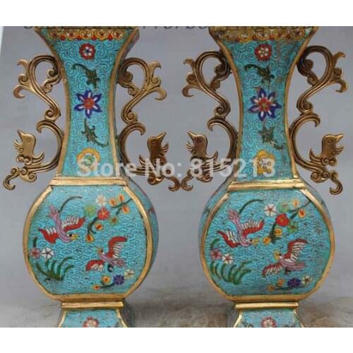 Bi001336 Royal Chinese Palace Cloisonne Enamel Bronze Gild Phoenix Statue Pot Vase Pair