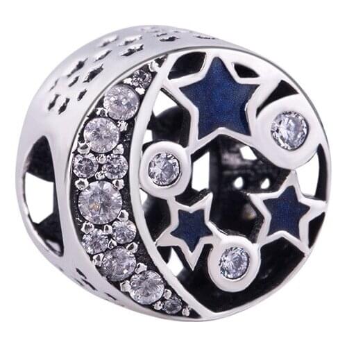 Genuine 925 Sterling Silver Charm Openwork Love Heart Starry Night With Crystal Bead Fit Pan Bracelet & Necklace Jewelry