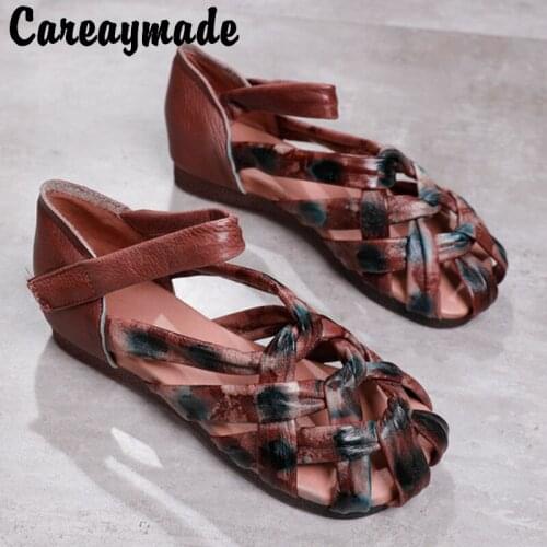 Careaymade-Summer New Retro Flat Woven Cool round Toe Casual Shoes,A-line Baotou Women Genuine Leather Sandals,4 colors
