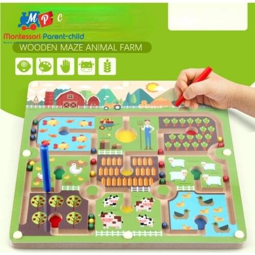 Children Wooden Educational Montessori Toys Magnetic Maze Handwriting Pen Push Beads Small Animals Labyrinth Track Toys For Kids