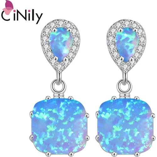 CiNily Ocean Blue Fire Opal Long Stud Earrings Silver Plated Droplet CZ Crystal Stone Filled Earring Large Party Fully-jewelled