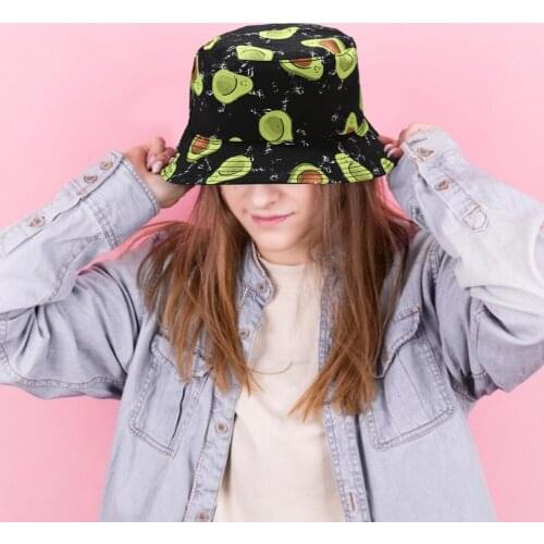 Unisex Summer Two Sides Wear Reversible Fisherman Cap Bohemian Sunflower Banana Avocado Fruits Printing Foldable Bucket Hat