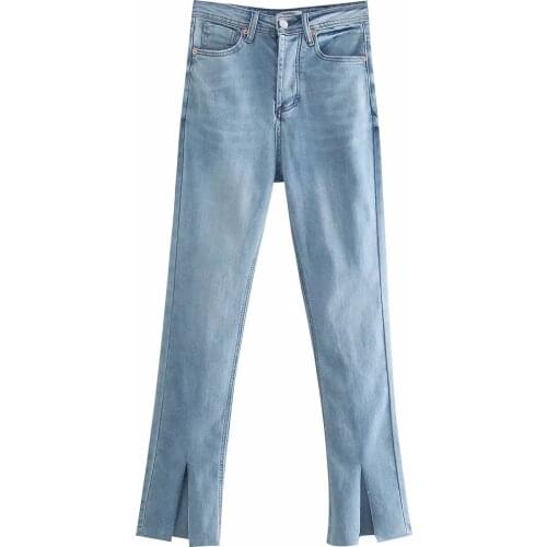 Za Vintage Basic Blue Jeans Women Streetwear High Waist Straight Hem Split Pants Joggers Trousers Fashion Ninth Pants