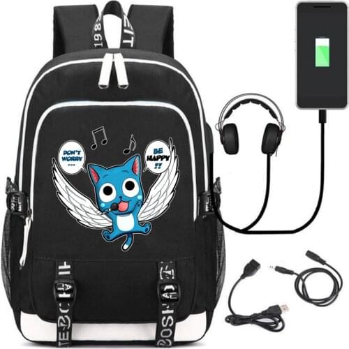 Fairy Tail Happy Backpack Rucksack Bag w/ USB Fashion Port / Lock / Headphone interface Students Book Laptop bag