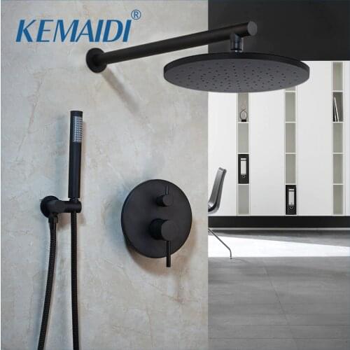 KEMAIDI 8 inch Black Round Modern Rainfall Wall Mounted Bathroom Shower Faucet Sets Shower Head & Hand Shower Sets