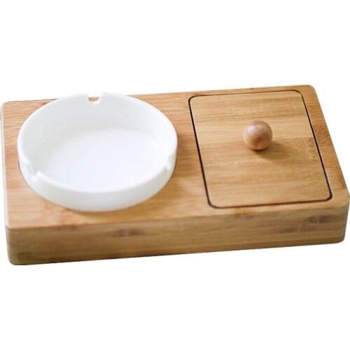 Ceramic ashtray with bamboo base, small box with storage space, creative household cigarette saucer can be stored