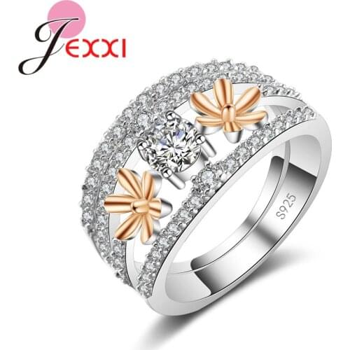 Fashion Trendy 925 Sterling Silver Gold Rose Gold Flower Shiny Crystal Ring for Women Party Anniversary Crystal Jewelry Anillo