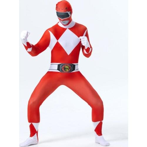 Adult Men Zentai Skin Tight Dinosaurs Team Red Ranger Jumpsuit Body Suit Fancy Cosplay Costume
