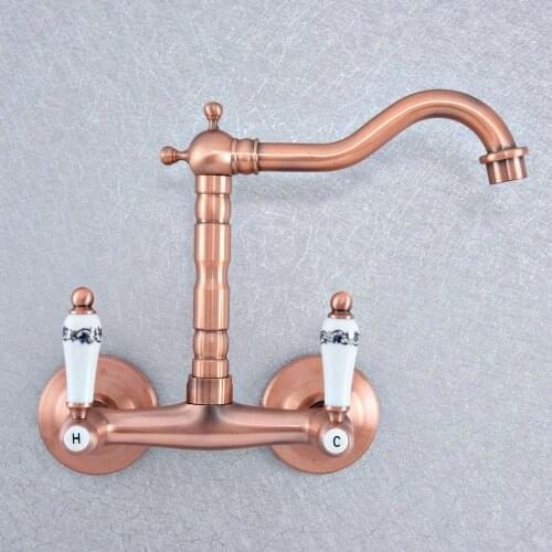 Kitchen Wet Bar Bathroom Vessel Sink Faucet Antique Red Copper Brass Wall Mount Swivel Spout Mixer Tap Dual Ceramic Lever msf871