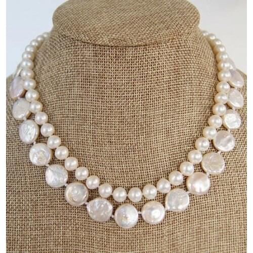 Favorite Pearl Necklace Bridesmaid Gift Handmade Fine Jewelry Double Strand White Freshwater Pearl Round And Coin Pearls